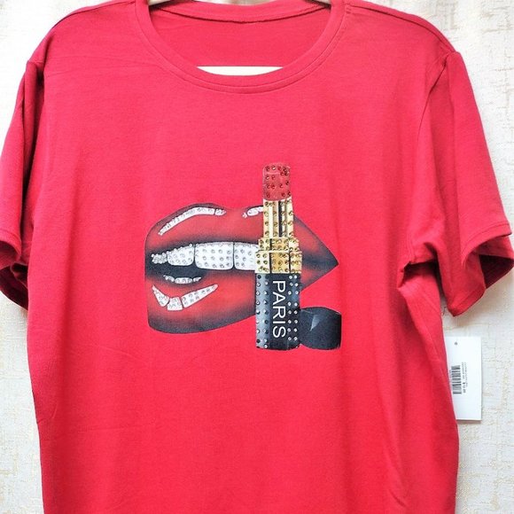 Sexy Lips, Rhinestone plus size, Bling Tee, Exclusive. Handmade. RED - Picture 2 of 7